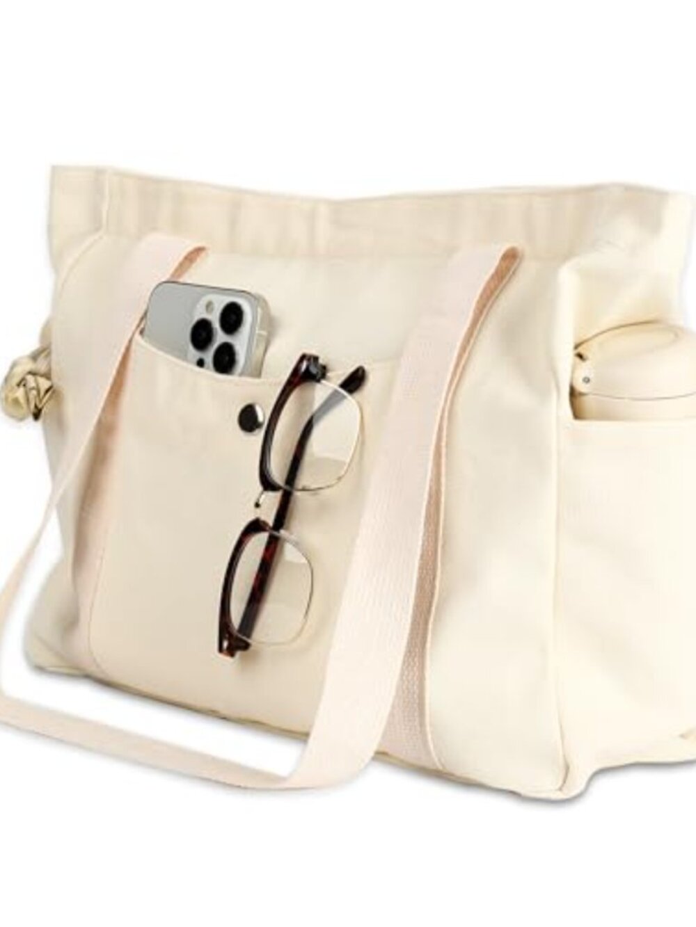 Large Canvas Tote Bag with Zipper Multi-Pocket Shoulder Handbag